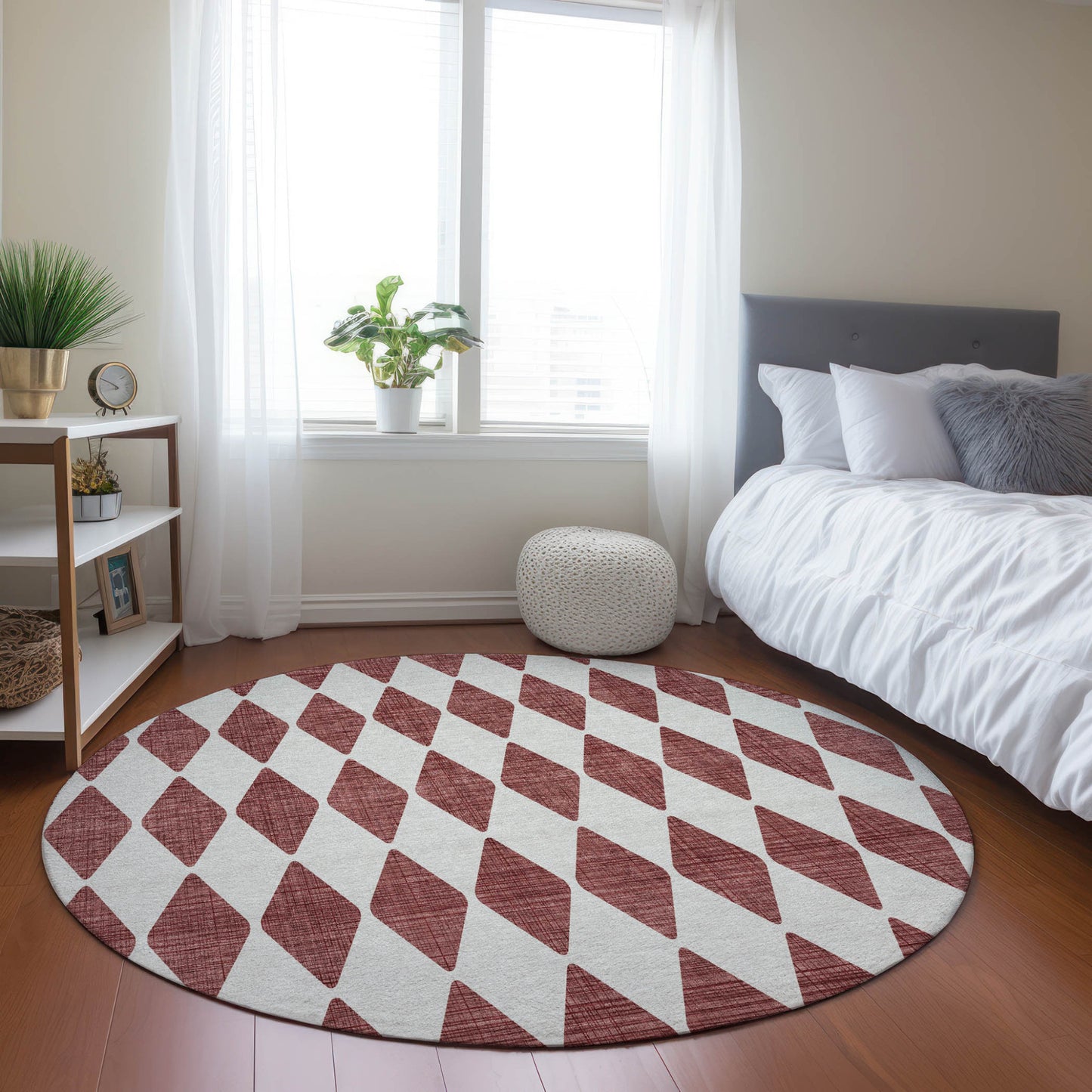 8' Burgundy Round Geometric Washable Indoor Outdoor Area Rug