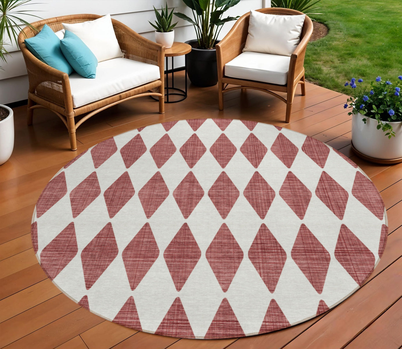8' Burgundy Round Geometric Washable Indoor Outdoor Area Rug