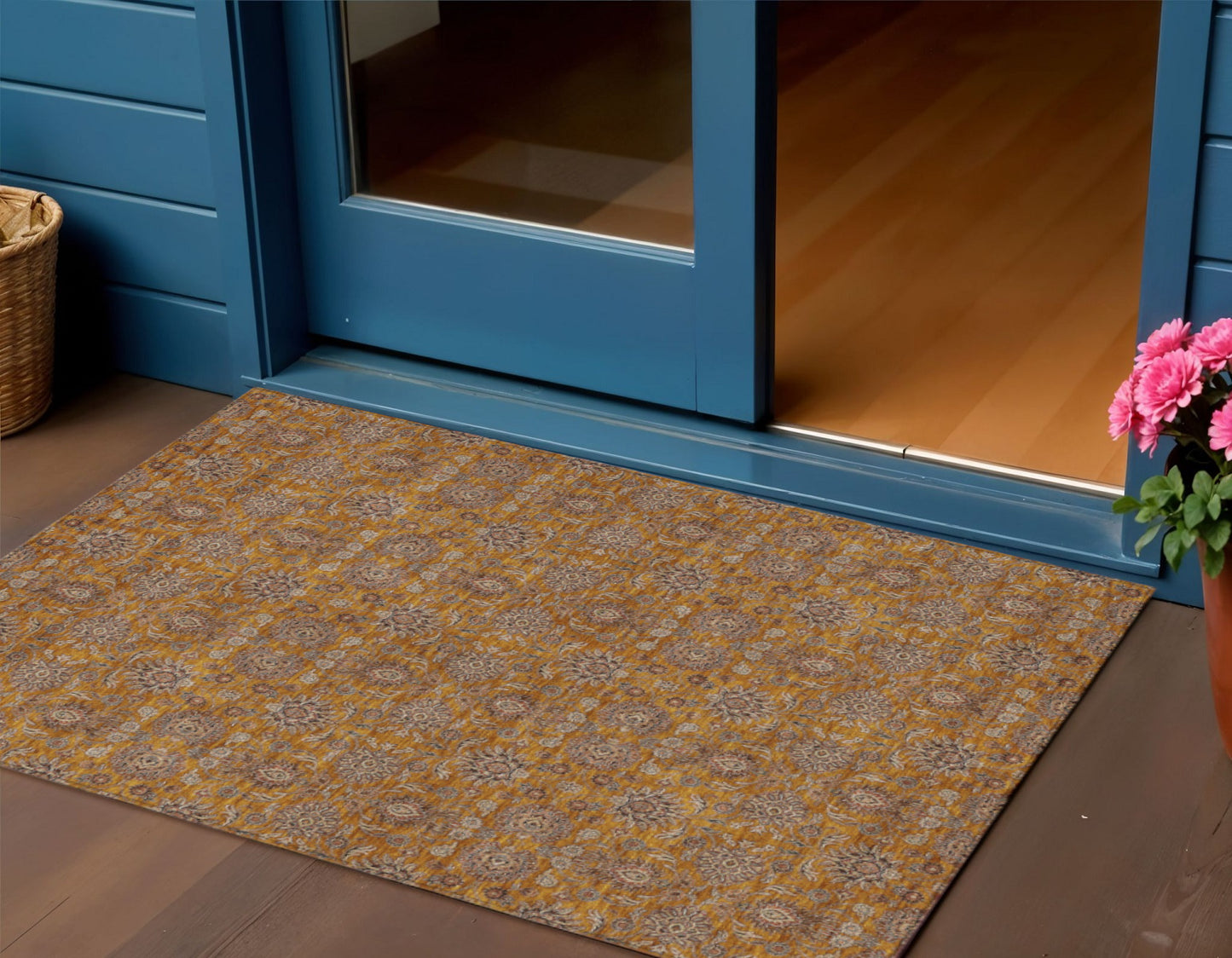 3' X 5' Copper Beige And Taupe Floral Washable Indoor Outdoor Area Rug