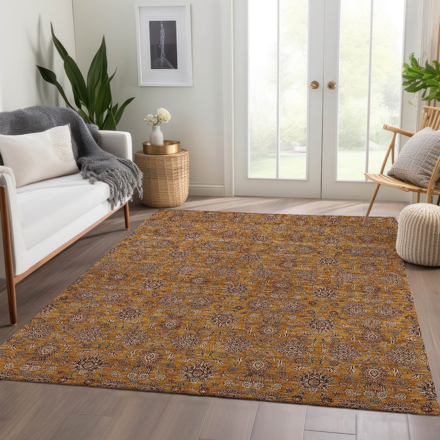 3' X 5' Copper Beige And Taupe Floral Washable Indoor Outdoor Area Rug