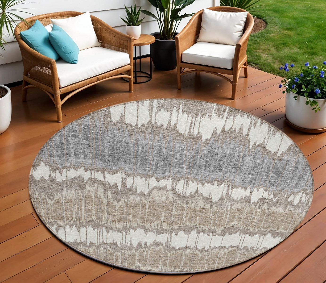 8' Taupe Brown And Ivory Round Striped Washable Indoor Outdoor Area Rug