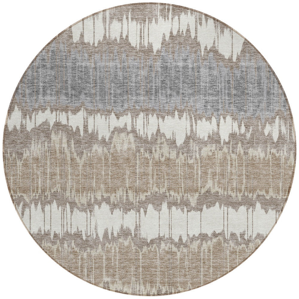 8' Taupe Brown And Ivory Round Striped Washable Indoor Outdoor Area Rug