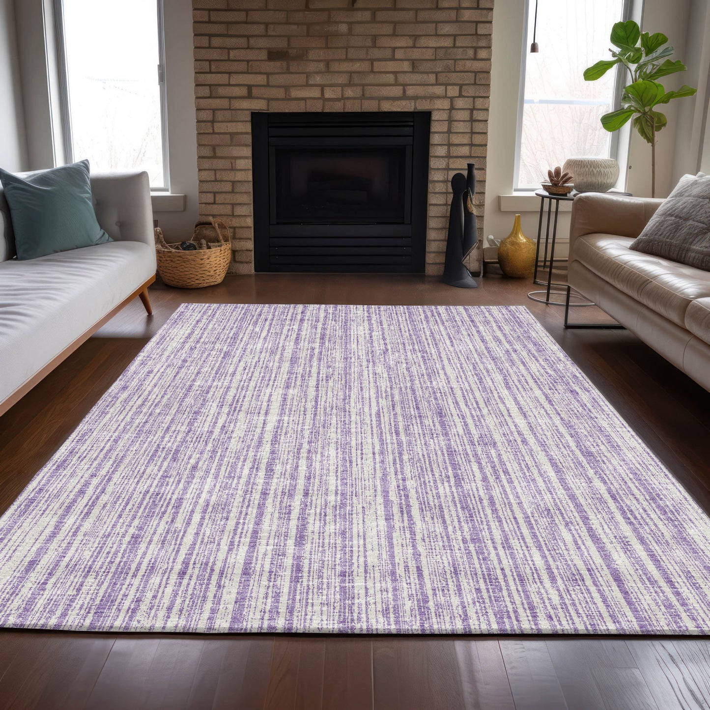 3' X 5' Lavender And Ivory Striped Washable Indoor Outdoor Area Rug