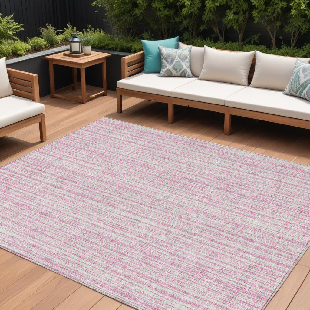 9' X 12' Pink And Ivory Striped Washable Indoor Outdoor Area Rug