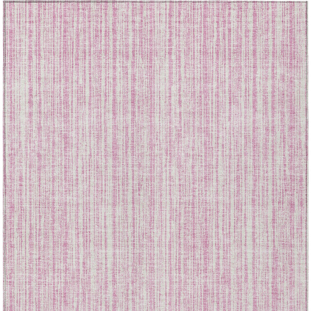 9' X 12' Pink And Ivory Striped Washable Indoor Outdoor Area Rug