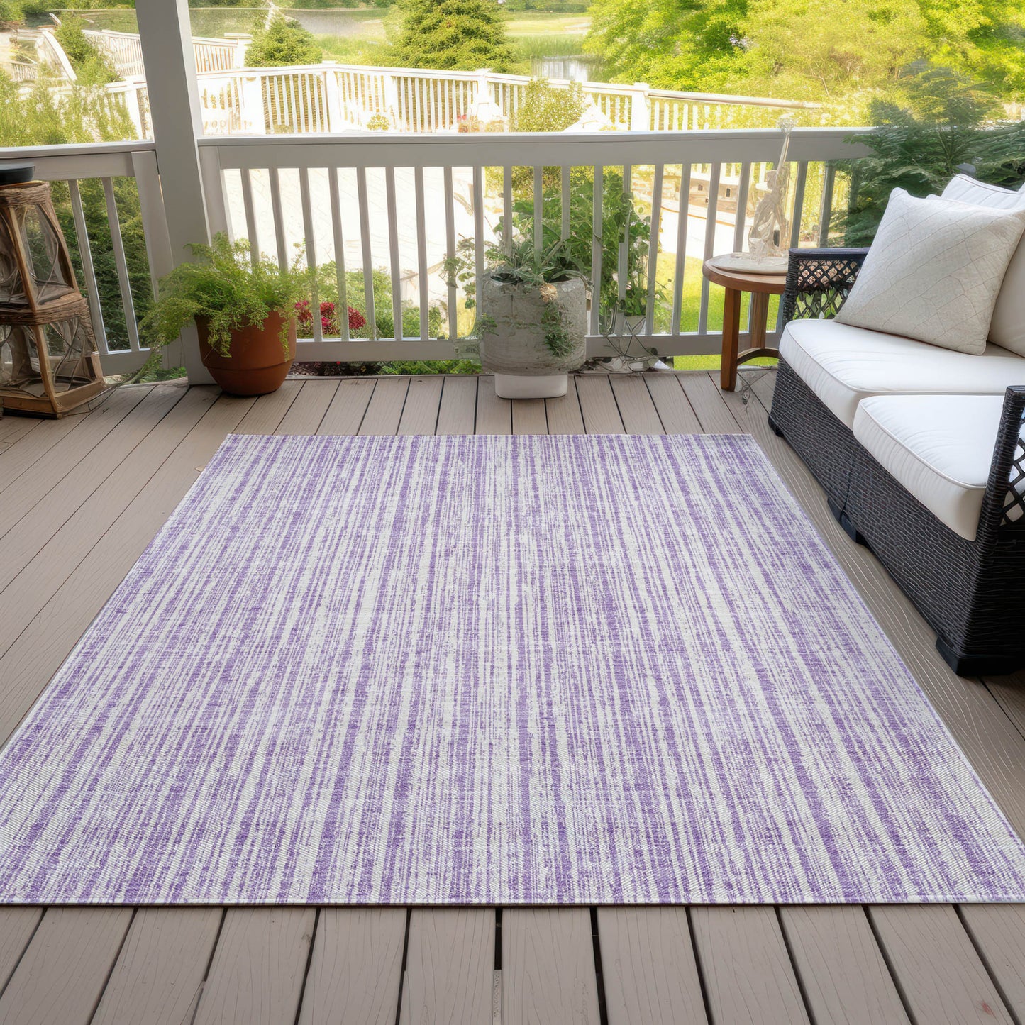3' X 5' Lavender And Ivory Striped Washable Indoor Outdoor Area Rug