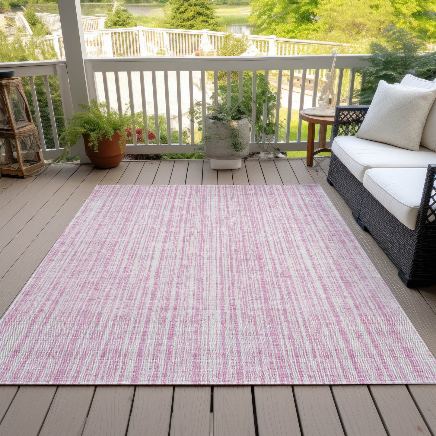 9' X 12' Pink And Ivory Striped Washable Indoor Outdoor Area Rug