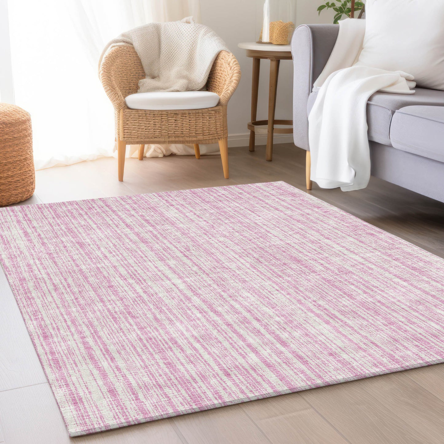 9' X 12' Pink And Ivory Striped Washable Indoor Outdoor Area Rug