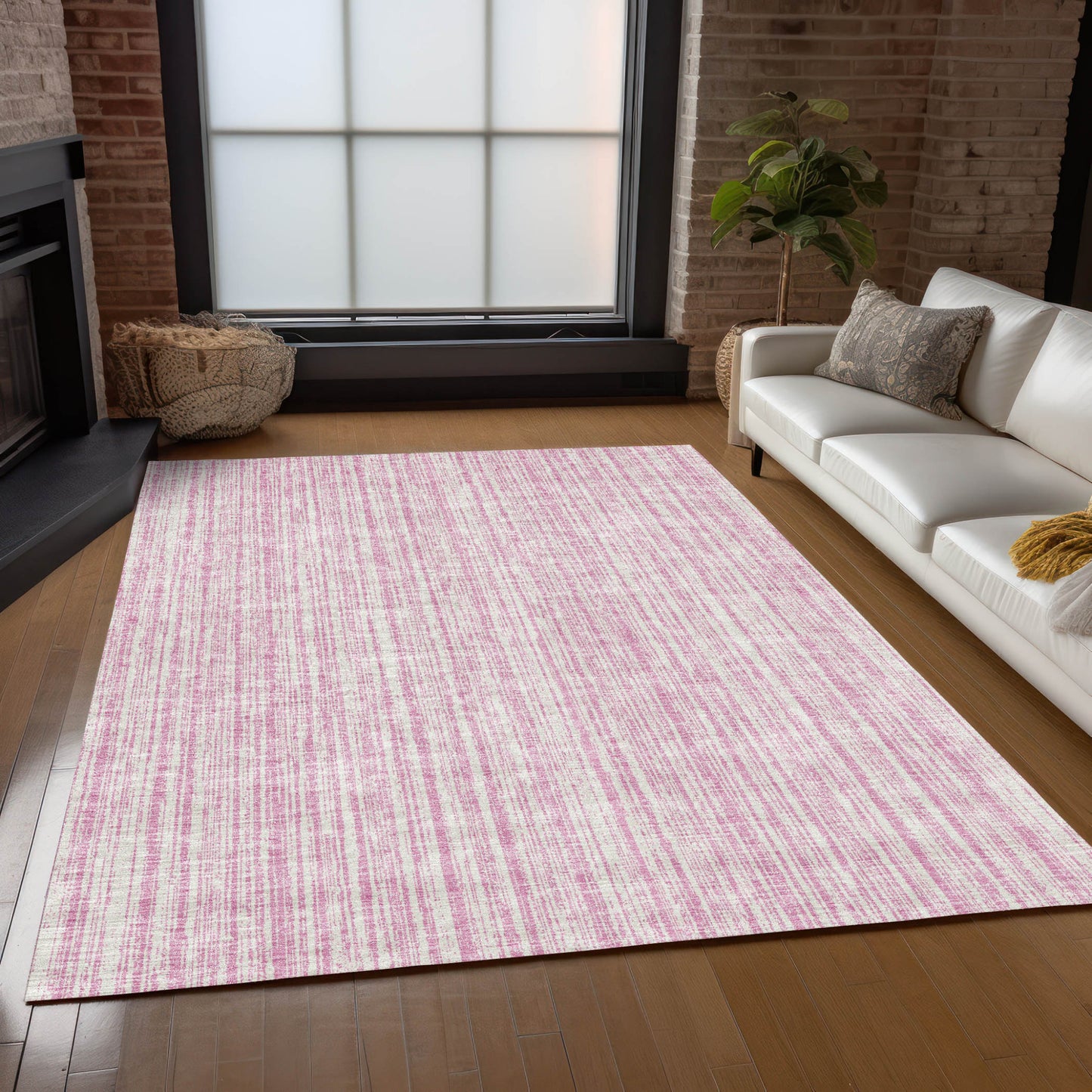 9' X 12' Pink And Ivory Striped Washable Indoor Outdoor Area Rug