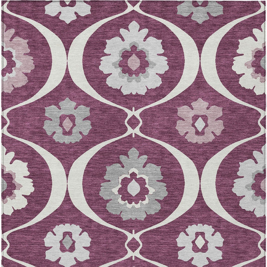 3' X 5' Eggplant Ivory And Gray Medallion Washable Indoor Outdoor Area Rug